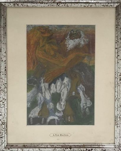 Adolph von Harbou (1879–1939) Ensemble de trois peintures sur papier et de deux dessins....