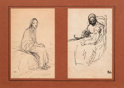 Théophile Alexandre STEINLEN (1859-1923) Femme assise, femme et enfant Ensemble de...