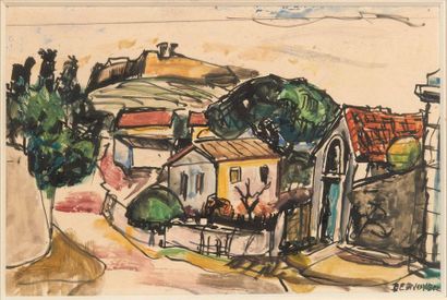 François DESNOYER (1894-1972) View of the village Gouache and felt on paper. Signed...