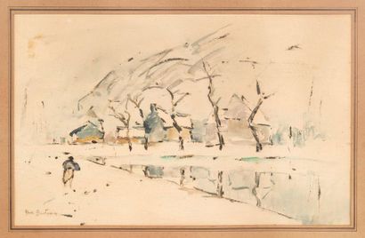 ABEL BERTRAM (1871-1951) Paysage sous la neige Huile sur panneau. Signée en bas à...