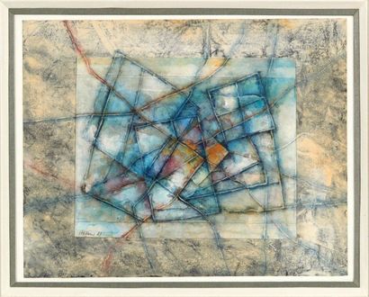 Hans STEFFENS (1911-2004) Abstraction, 1985 Aquarelle et collage sur papier. H_18,5...