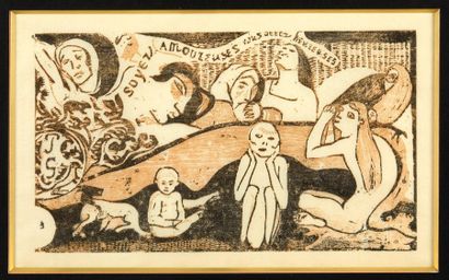 Attribué à Paul Gauguin (1848-1903) Ensemble de six bois gravés. 1) "Soyez amoureuses...