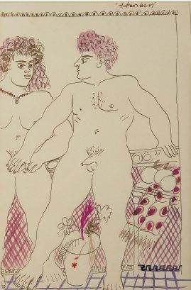ALECOS FASSIANOS (NÉ EN 1935) Couple Aquarelle peinture dorée sur papier. Signée...