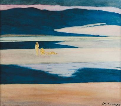 LÉON SPILLIAERT (1881-1946) Plage avec personnages, 1928 Technique mixte sur papier....