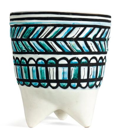 ROGER CAPRON (1906-1983) Vase dit « molaire » Céramique blanche, bleue et noire,...