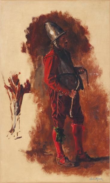 CHARLES MEISSONIER (1848-1917) Etude de soldat Huile sur toile. Cachet de l'atelier...