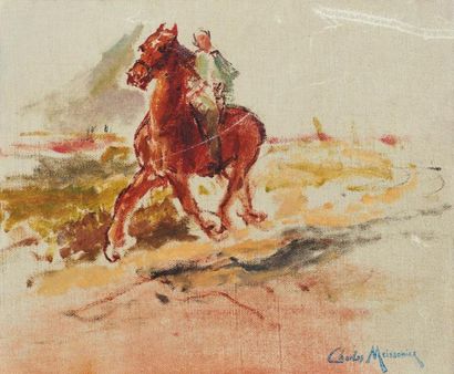 CHARLES MEISSONIER (1848-1917) Etude de cavalier Huile sur toile. Cachet de l'atelier...