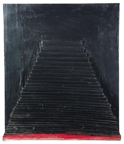 HORIA DAMIAN (NÉ EN 1922) Pyramide verte bande rouge, 1965 Acrylique sur bois. H_95...
