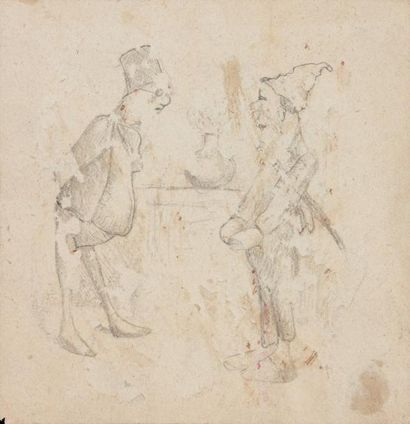 [RIMBAUD (Arthur)] Deux hommes en pied se faisant face. Dessin original au crayon...
