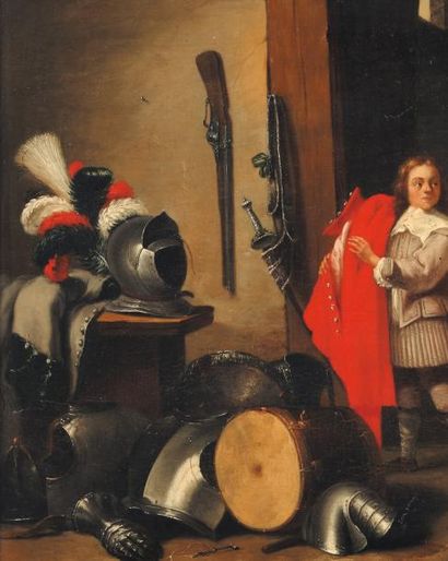 ATTRIBUÉ À ABRAHAM TENIERS (1629-1670) Jeune page dans une taverne Panneau parqueté...