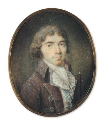 ECOLE FRANÇAISE VERS 1790 Portrait d'homme en habit parme Miniature ovale sur ivoire....