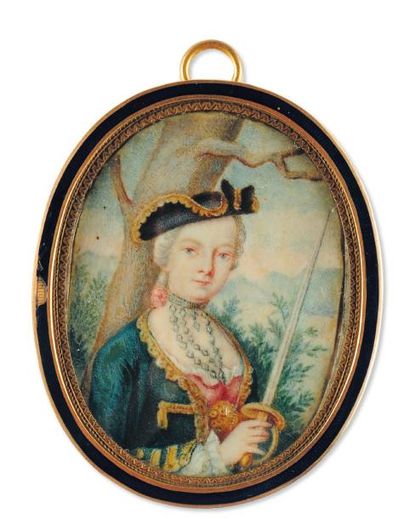 ECOLE FRANÇAISE VERS 1770 Portrait d'une jeune femme en militaire Miniature ovale...