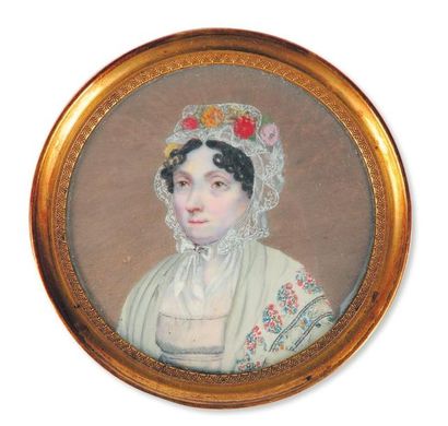 ECOLE FRANÇAISE, VERS 1800 Portrait de femme au bonnet de dentelle fleuri Miniature...