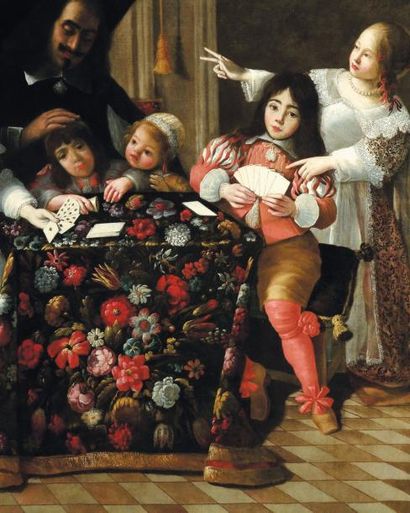ATTRIBUÉ À GONZALES COQUES (1614-1684) Le jeu de cartes Toile. H_160 cm L_192 cm