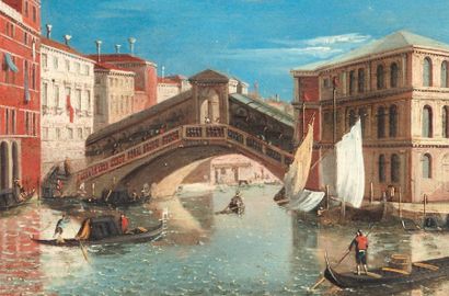 ATTRIBUÉ À GIOVANNI MIGLIARA (1785-1837) Le pont Rialto / Le Grand Canal Paire de...