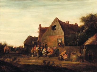 PIETER DE BLOOT (ROTTERDAM 1601-1658) Scène de village Panneau parqueté. H_46 cm...