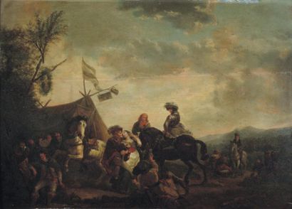 ATTRIBUÉ À CAREL VAN FALENS (1683-1733) S cène de campement. Panneau (fente). H_33...