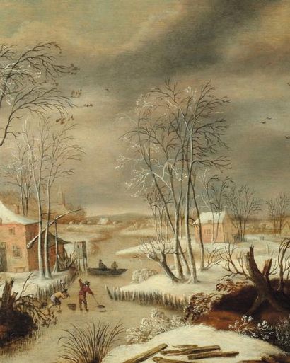 FRANS DE MOMPER (ANVERS 1603-1660) Paysage animé sous la neige Panneau. H_43 cm L_72...