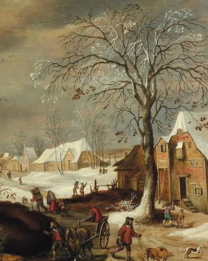 FRANS DE MOMPER (ANVERS 1603-1660) Paysage animé sous la neige Panneau. H_43 cm L_72...