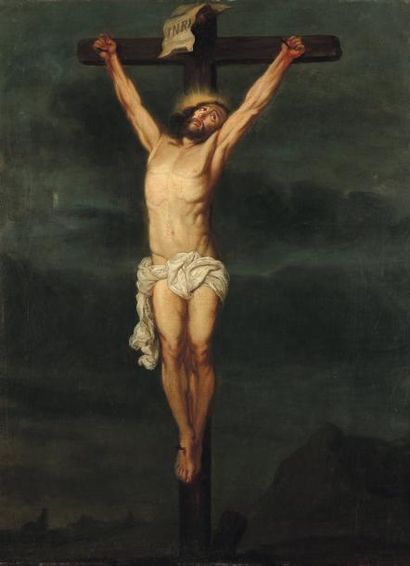 ECOLE ITALIENNE DU XIXE SIÈCLE Christ en croix Toile. Dans un encadrement de style...