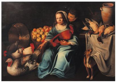 CORNELIS WILLEMSZ EVERSDYCK (GOES 1583-1644) Jeune fille aux pommes et poules Toile....