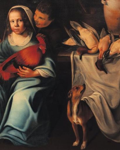 CORNELIS WILLEMSZ EVERSDYCK (GOES 1583-1644) Jeune fille aux pommes et poules Toile....