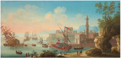 JOSEPH RUIZ (ACTIF AU XVIIIE SIÈCLE) Galère accostant le port Cuivre. Signé au revers...