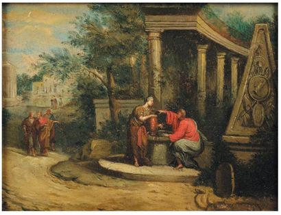 ATTRIBUÉ À FRANCISQUE MILLET (1642-1679) Le Christ et la Samaritaine Panneau. H_22...
