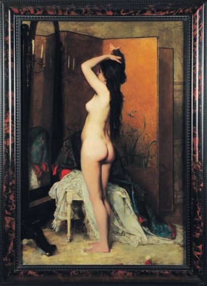 FRANZ VERHAS (1832-1894) Nu au miroir Huile sur panneau d'acajou. Signé et daté en...