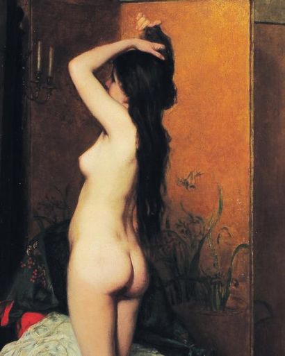 FRANZ VERHAS (1832-1894) Nu au miroir Huile sur panneau d'acajou. Signé et daté en...