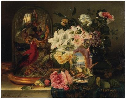 JOHN WAINWRIGHT (1860-1869) Nature morte au globe et fleurs Toile. Signée en bas...