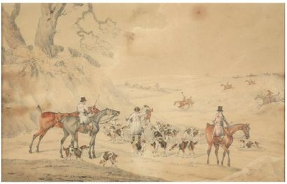 HENRI ALKEN (1785-1851) Chasse au renard « meeting » Crayon et gouache sur papier....