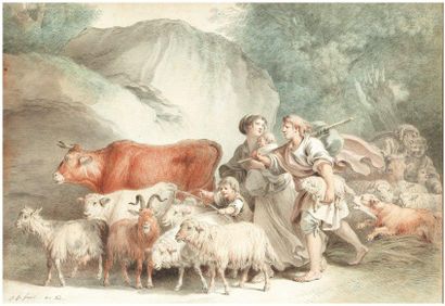 JEAN-BAPTISTE HUET (PARIS 1745-PARIS 1811) Le retour du troupeau Plume, aquarelle....