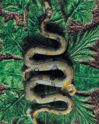  Plat ovale à décor en relief au centre d'un serpent sur des feuilles entouré de...