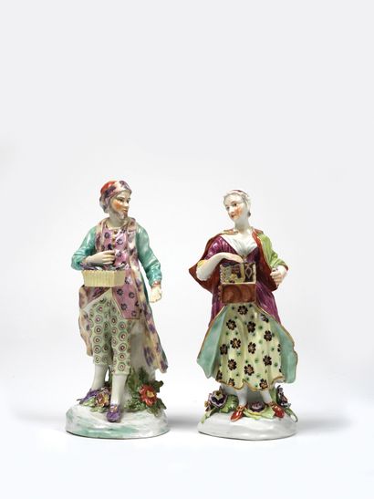 null A rare pair of polychrome porcelain figures
Derby, U.K., circa 1765
These delicately...