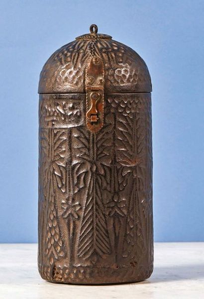 null Cylindrical box with domed lid, wooden core covered with embossed leather with...