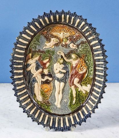 null Oval FLAT on polychrome glazed terracotta pedestal representing the Baptism...