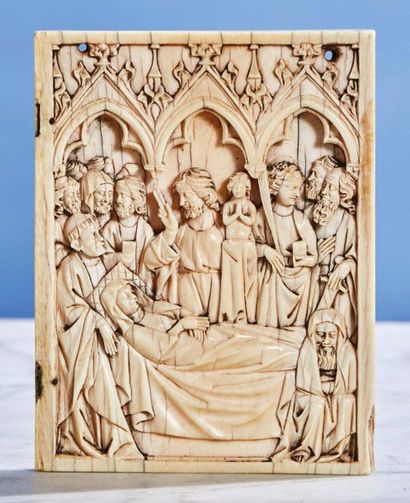  Right ivory diptych shutter representing the Dormition of the Virgin under three...