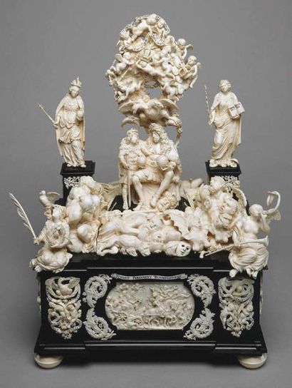null 
Large stepped altarpiece in blackened wood and carved ivory surmounted by a...
