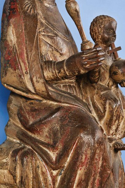 null Importante Vierge à l'Enfant en chêne sculpté avec restes de polychromie, dos...