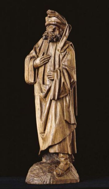  Carved oak prophet. Standing with his left leg forward, he has a phylactery in his...