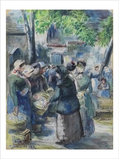Camille PISSARRO (1830-1903) Le marché à Pontoise, 1884 Gouache et aquarelle sur...