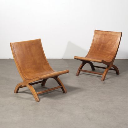 LUIS BARRAGAN (1902-1988) Pair of "Miguelito" armchairs
Cypress and cognac leather
Cypress...