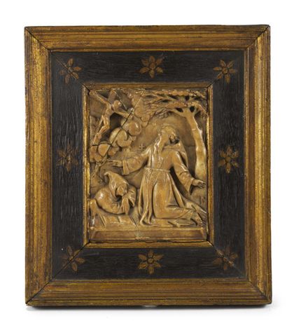 null PLAQUE en albâtre sculpté en bas-relief représentant saint
François recevant...