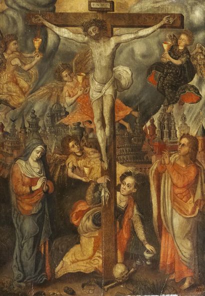 ECOLE FLAMANDE vers 1580, entourage du Maître du fils prodigue Christ en croix entouré...