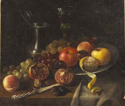 École ALLEMANDE vers 1650 
Nature morte aux fruits, coupe et verre sur un entablement
Toile.
H_42,5...