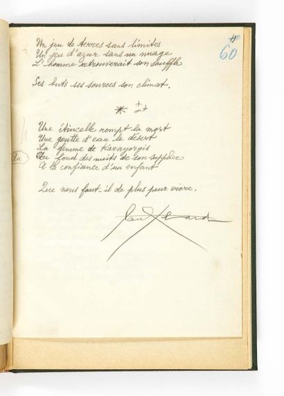 Paul Eluard. Une leçon de morale. 1949.
Tapuscrit corrigé avec feuillets autographes...