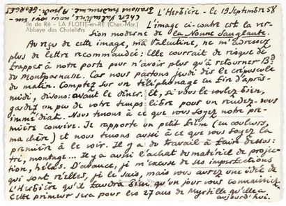 Georges HUGNET. Carte postale autographe adressée à Valentine Hugo. L'Herbière, 19...