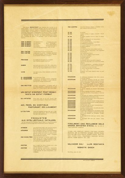 Salvador DALÍ, Lluis MONTANYA et Sebastia GASCH. Manifest Groc. Barcelone, mars 1928.
Placard...