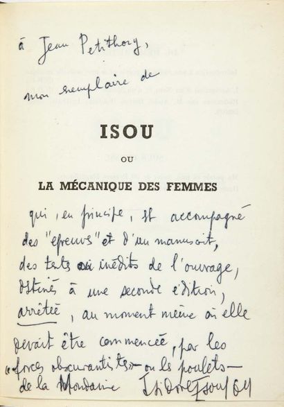 Isidore ISOU. Isou ou la Mécanique des femmes. Paris, Aux escaliers de Lausanne,...